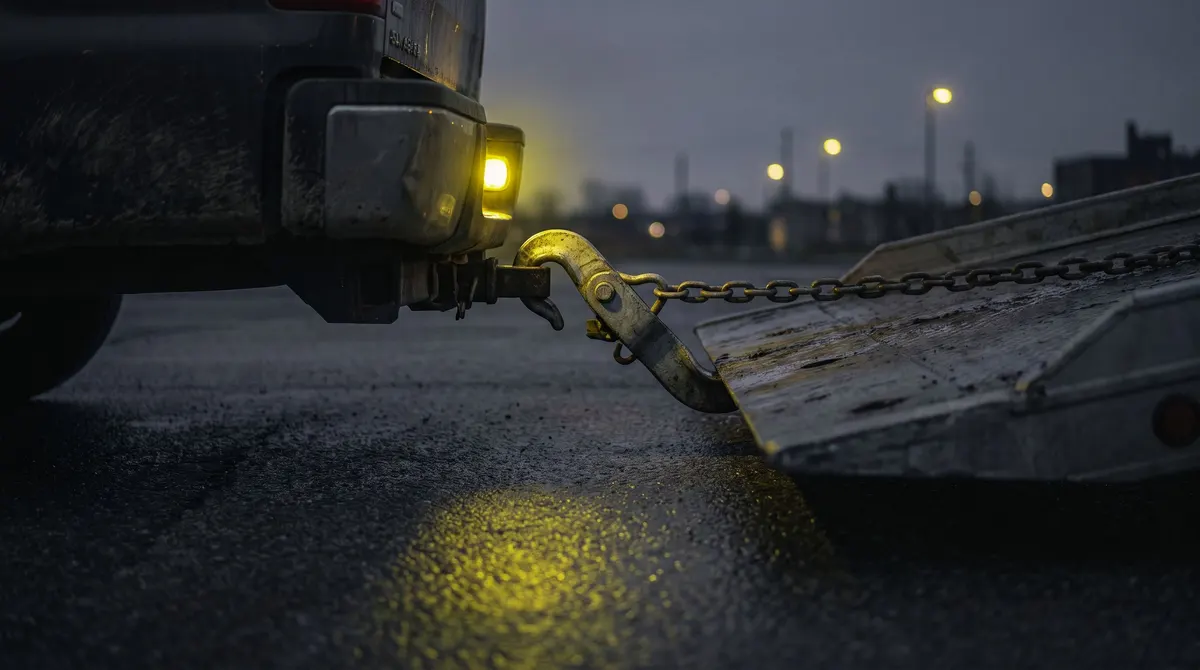 A graded night photograph of a rollback tow truck's hook and chain closing on a car at a roadside shoulder, an amber work light glowing at the hook and reflected, muted, on the wet pavement below.